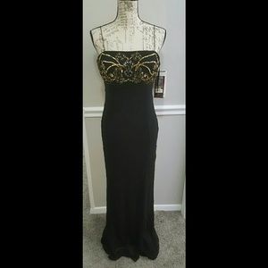 NWT Marina Black Silk Gold Sequin Evening Dress